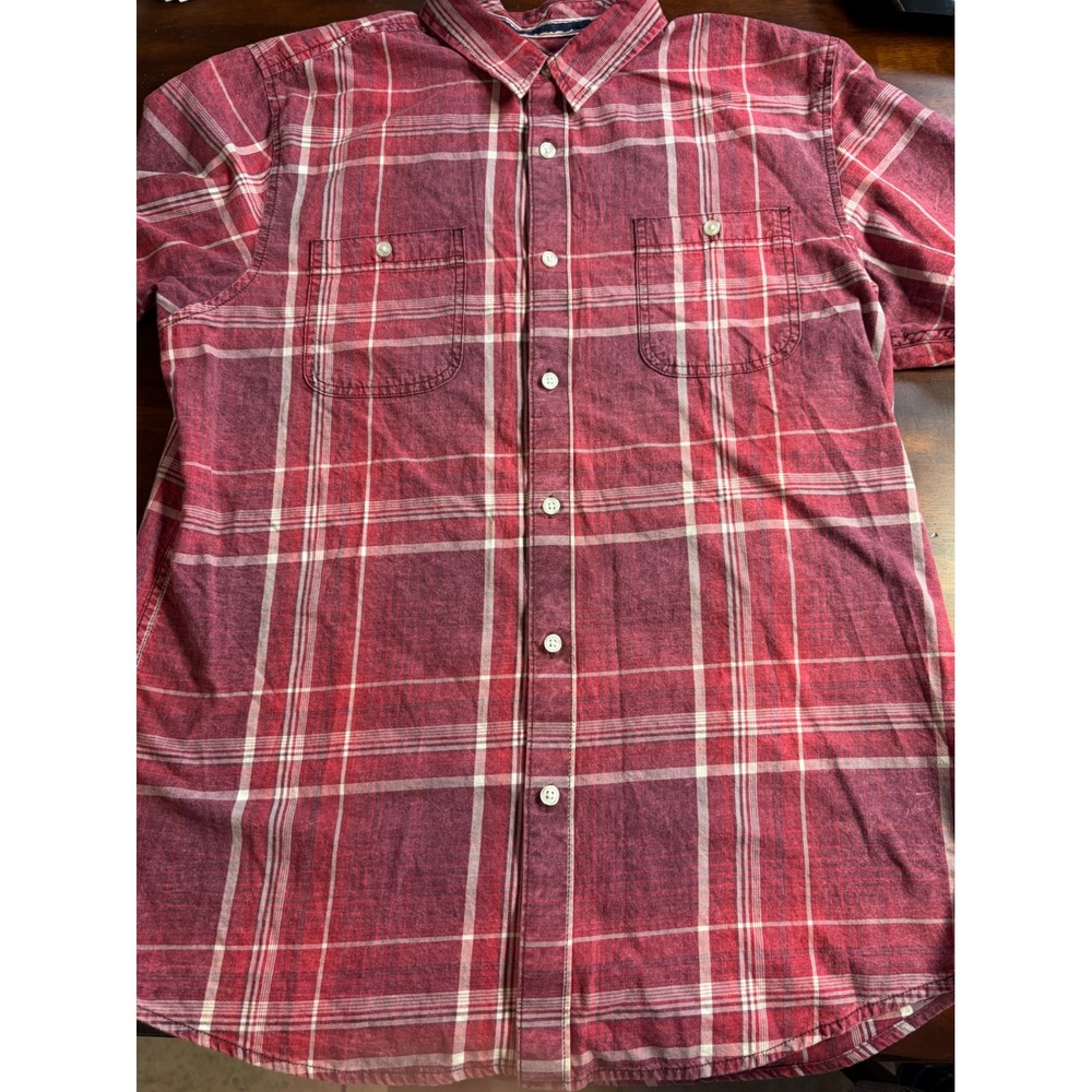 American Rag Mens Red Plaid Short Sleeve Button Down Shirt Large Pocket Casual